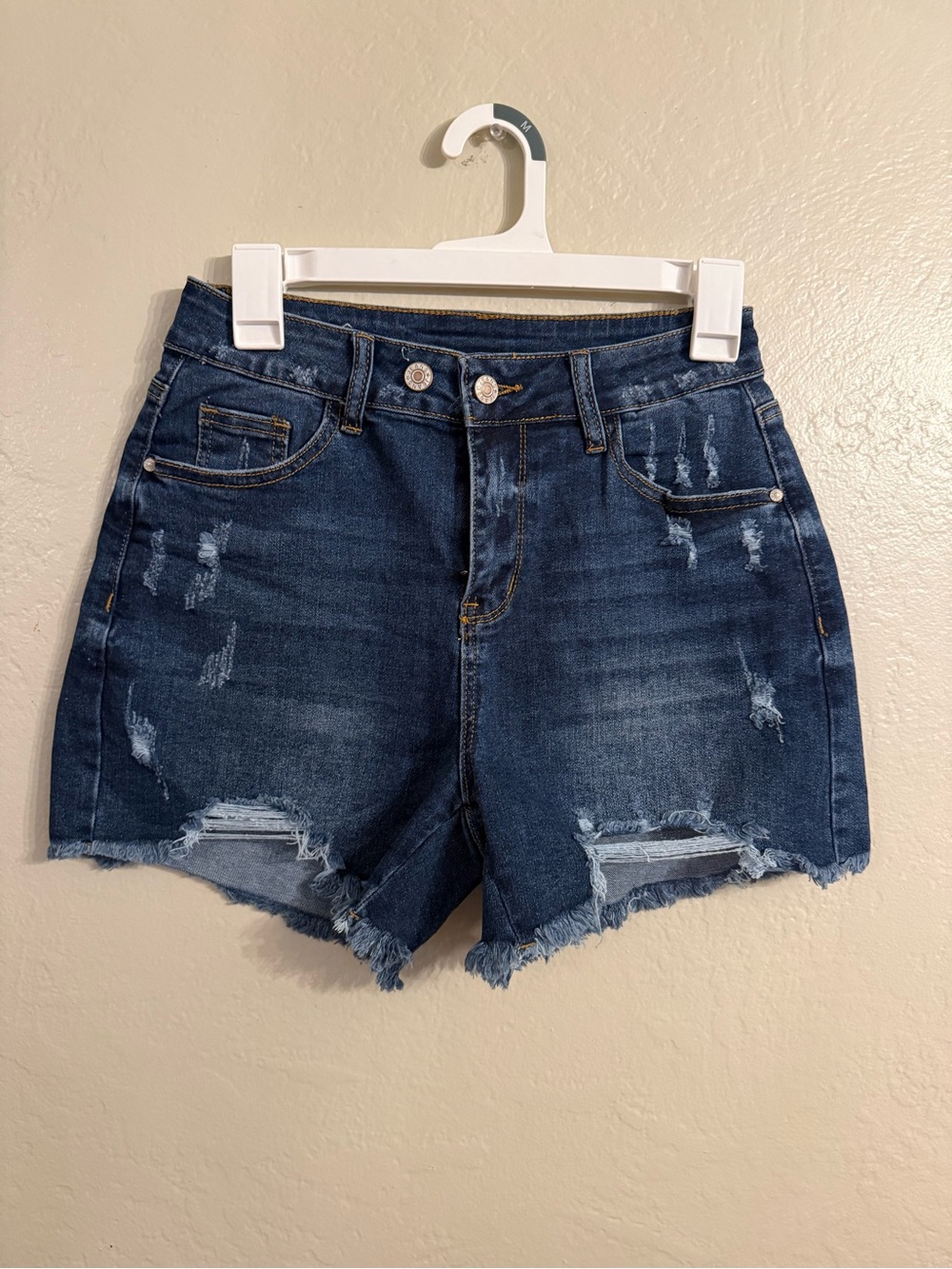 Dark Blue Distressed Denim Shorts - Women